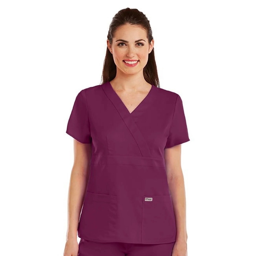 Grey's Anatomy Women's 2 Pock Mock Wrap Princess Scrub Top Wine Size Medium